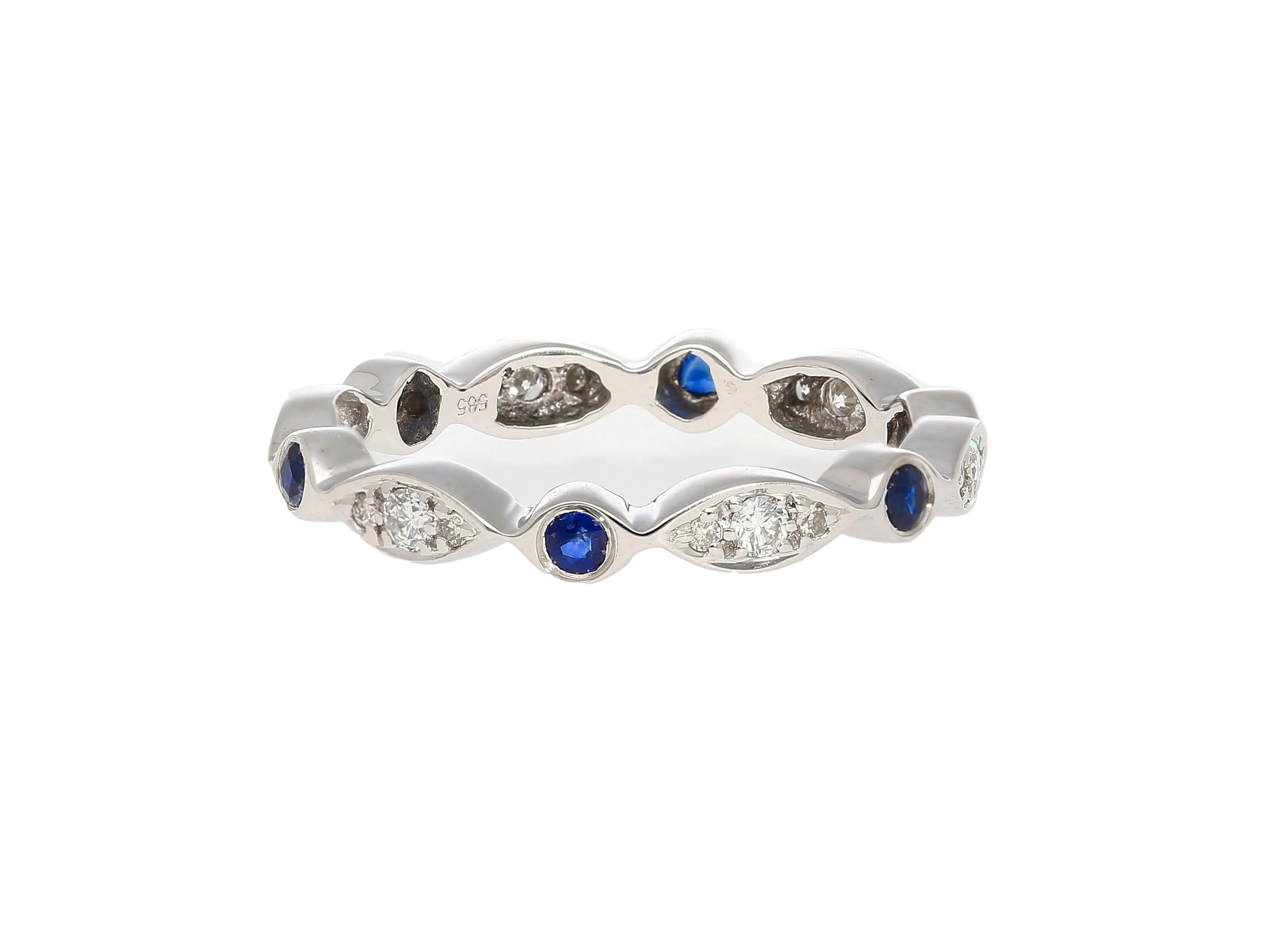 14K White Gold Bezel Blue Sapphire & Diamond Stack 3MM Band Ring