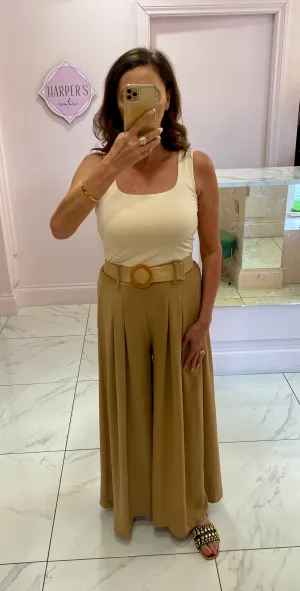 Adrianna Camel Wide Leg Belted Trousers