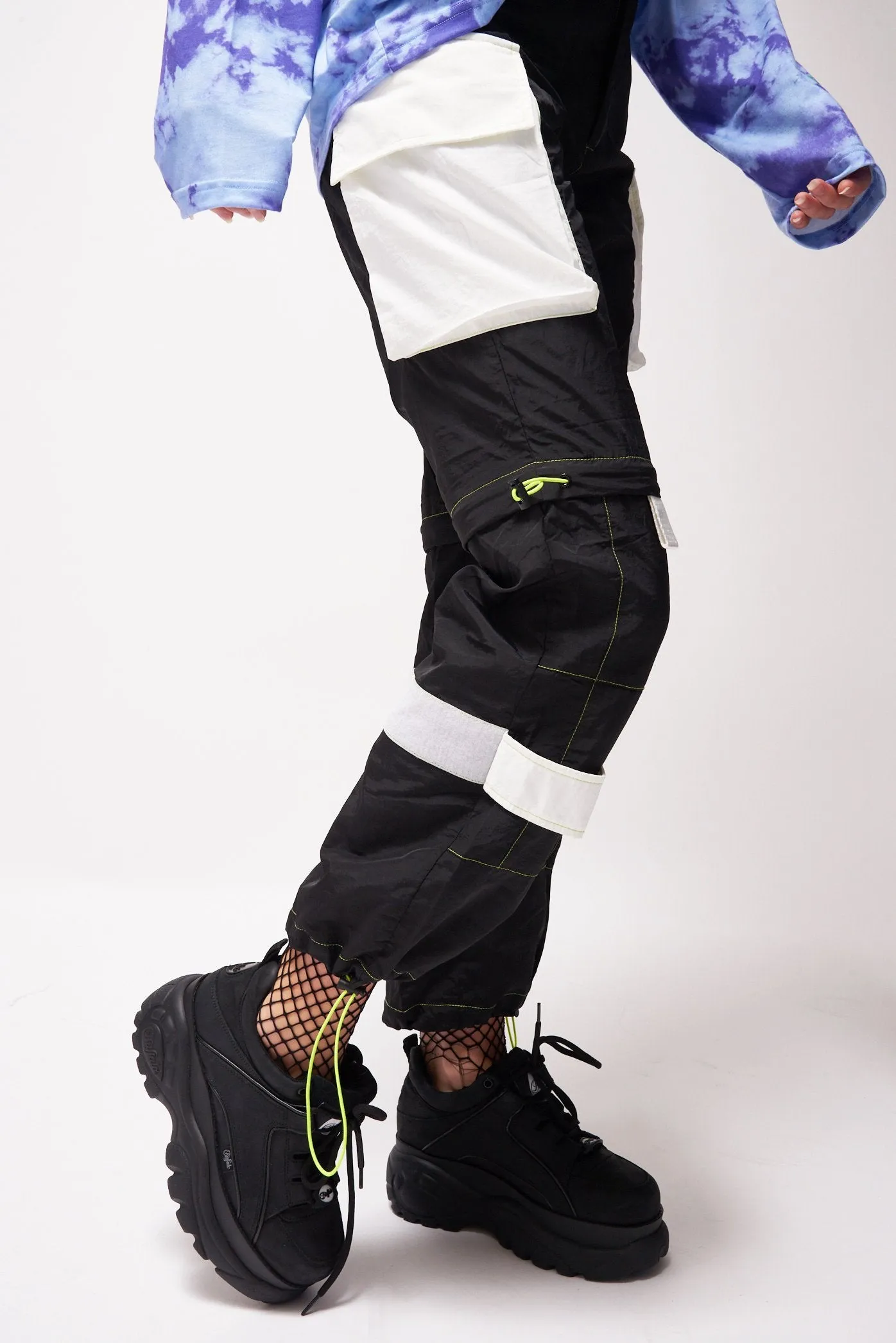 Black Oversized Cargo Trousers With Neon Stitching