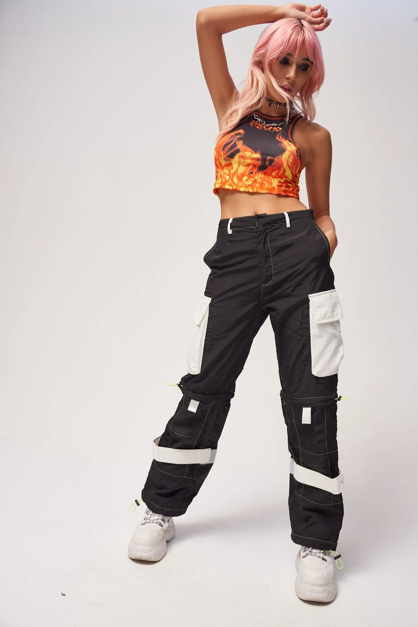 Black Oversized Cargo Trousers With Neon Stitching