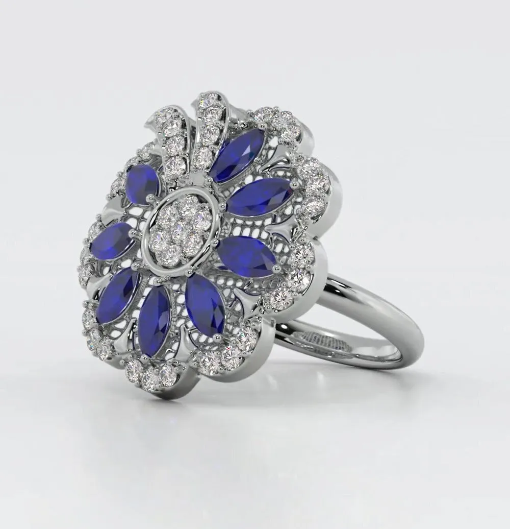 BLOSSOM - The Blue Stones Silver Ring (925 Sterling Silver)