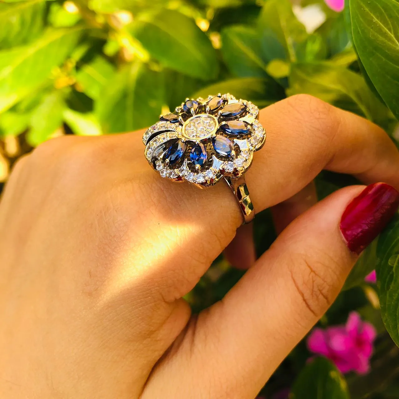 BLOSSOM - The Blue Stones Silver Ring (925 Sterling Silver)