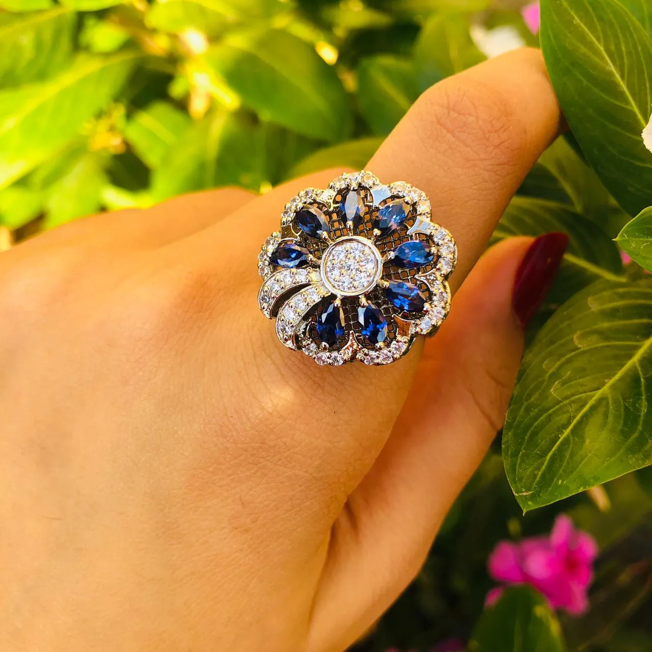 BLOSSOM - The Blue Stones Silver Ring (925 Sterling Silver)