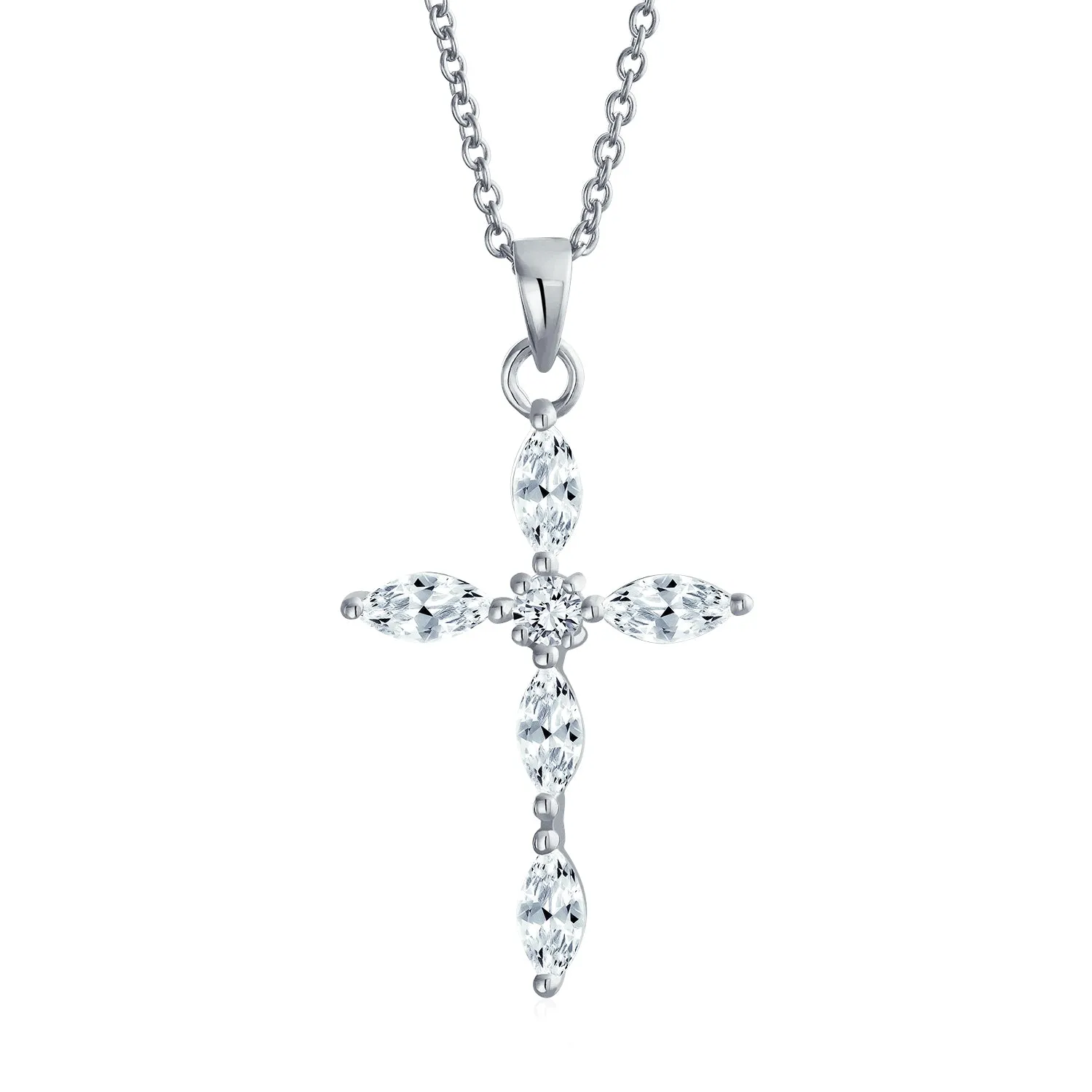 Dainty Bridal Baguette AAA CZ Cross Pendant Necklace Sterling Silver