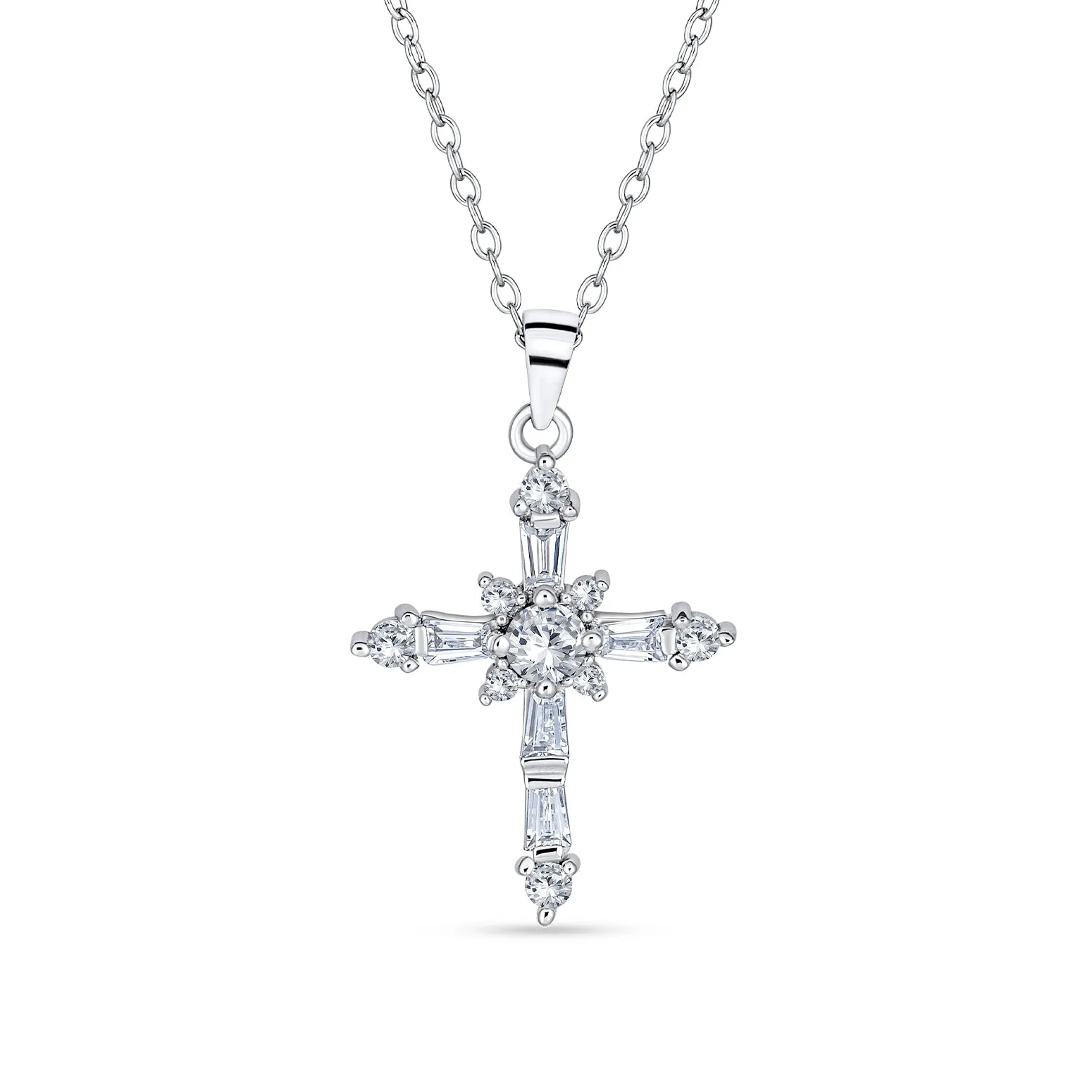 Dainty Bridal Baguette AAA CZ Cross Pendant Necklace Sterling Silver