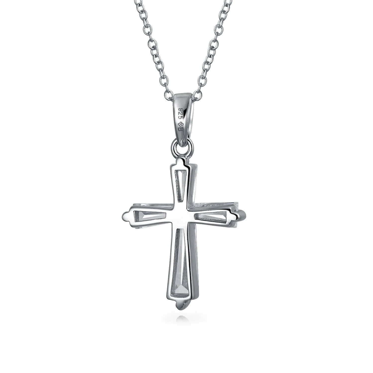 Dainty Bridal Baguette AAA CZ Cross Pendant Necklace Sterling Silver