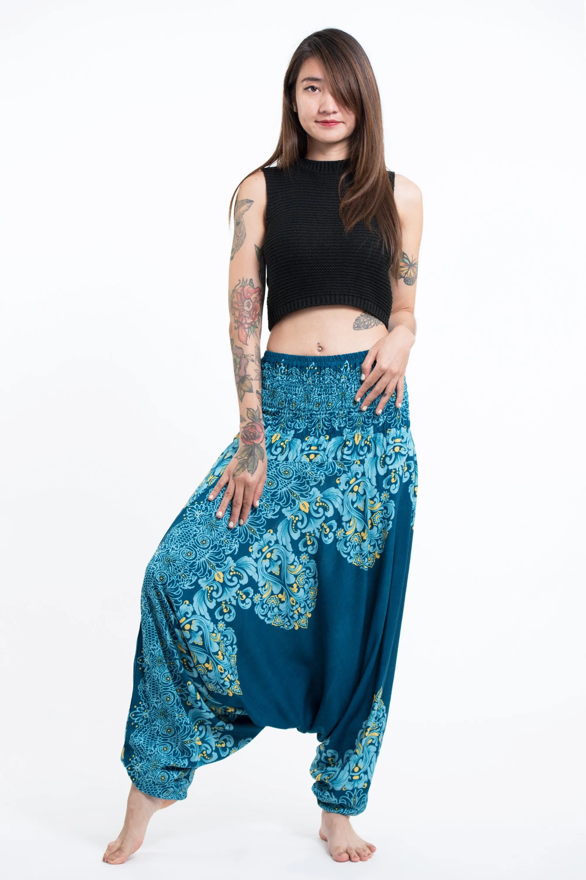 Floral Vines 2-in-1 Jumpsuit Harem Pants in Turquoise