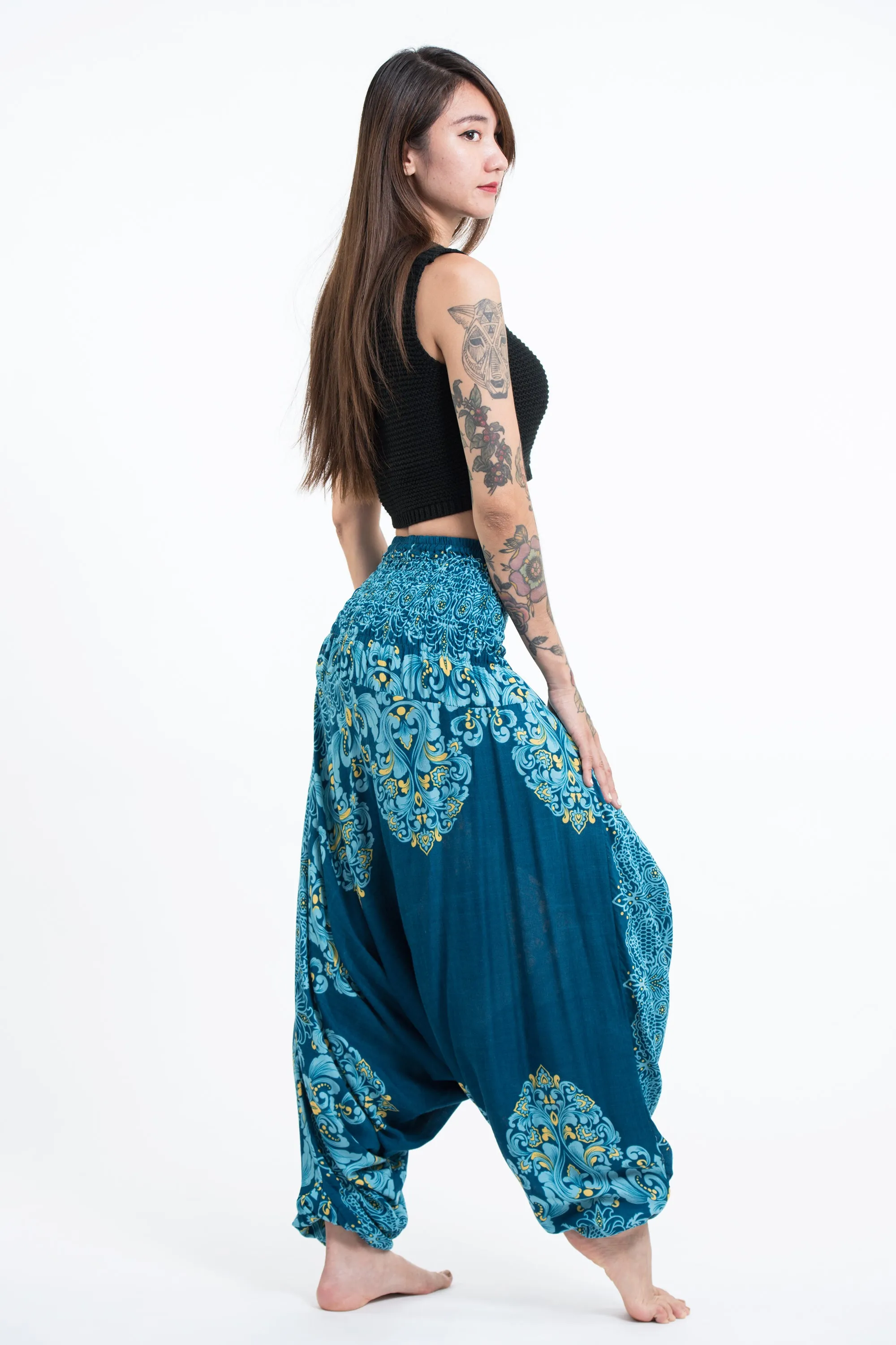 Floral Vines 2-in-1 Jumpsuit Harem Pants in Turquoise