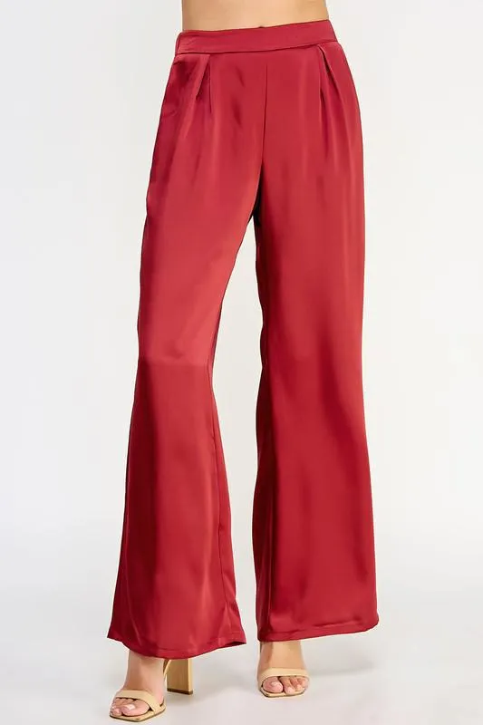 Front Pleat Wide Leg Satin Trouser