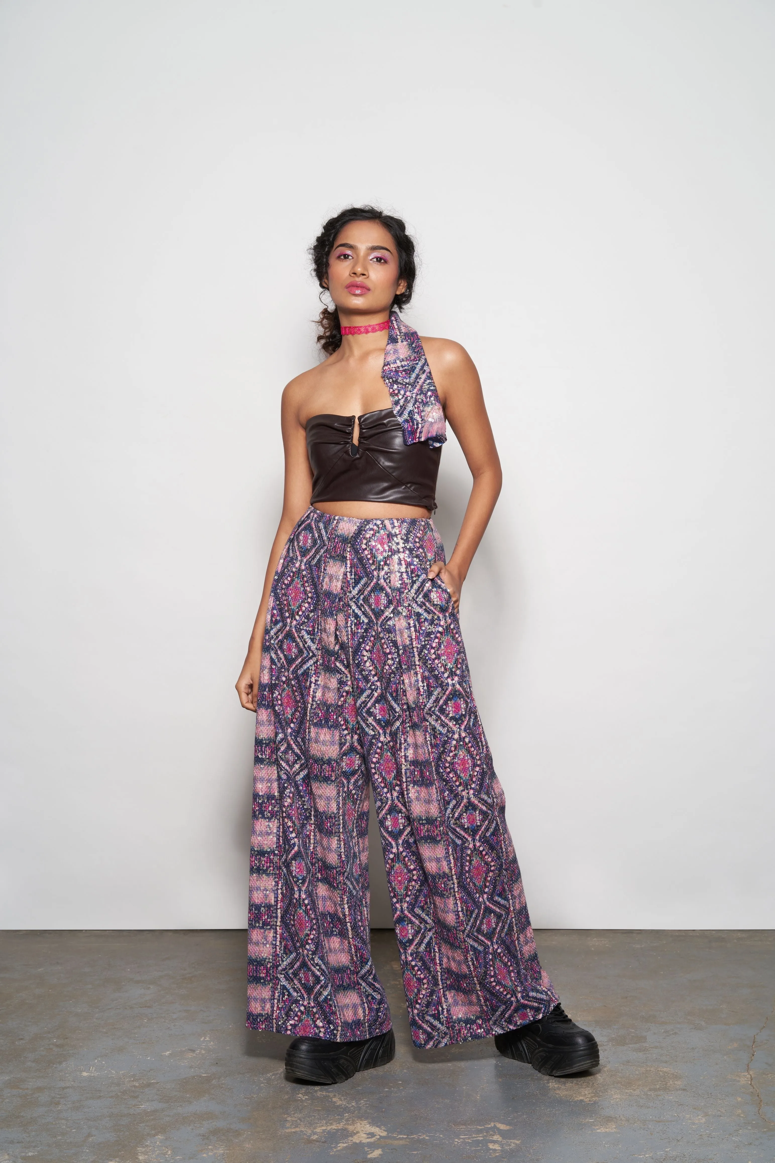 Fuchsia Abstract Printed Pleated Trouser