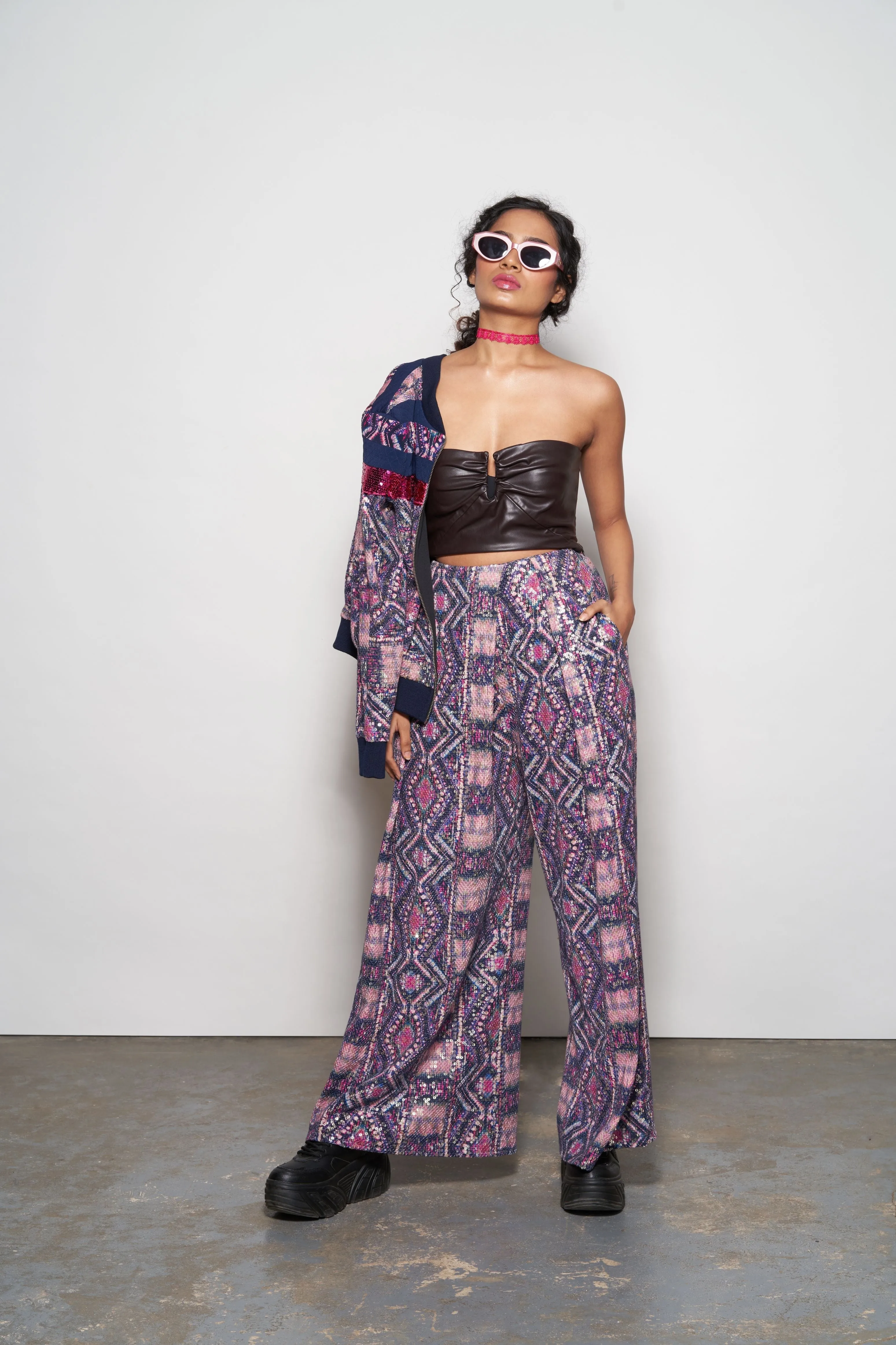 Fuchsia Abstract Printed Pleated Trouser