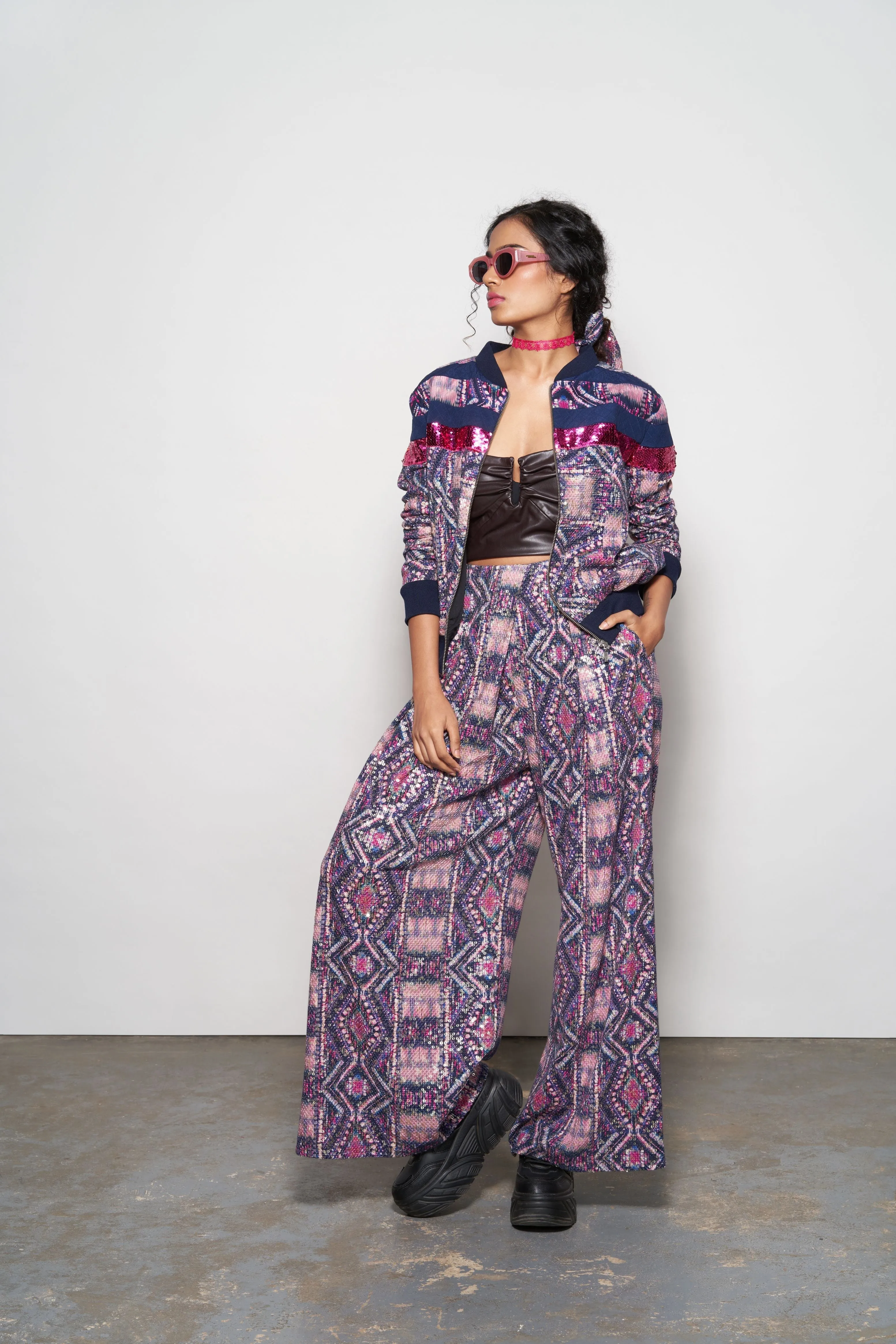 Fuchsia Abstract Printed Pleated Trouser