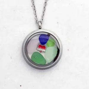 Greens, Aqua & Cobalt Blue "I Love Mom" Sea Glass Locket | #1682