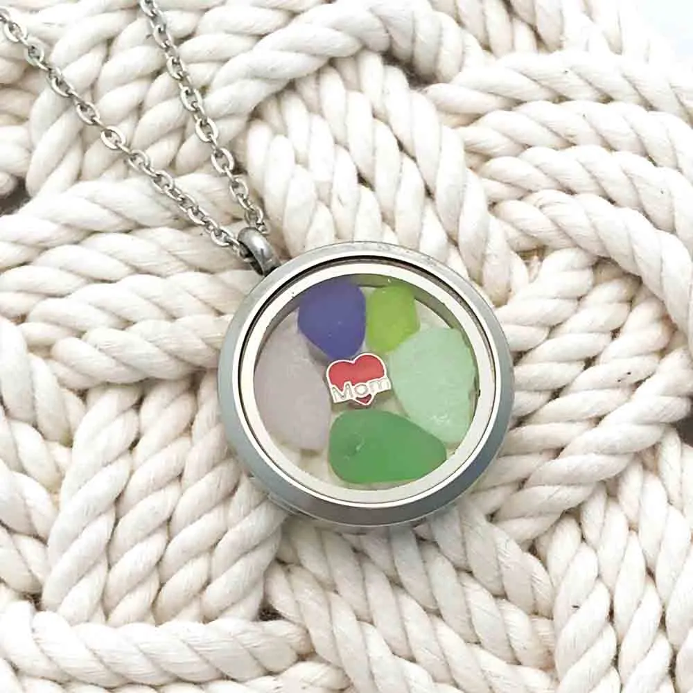 Greens, Aqua & Cobalt Blue "I Love Mom" Sea Glass Locket | #1682