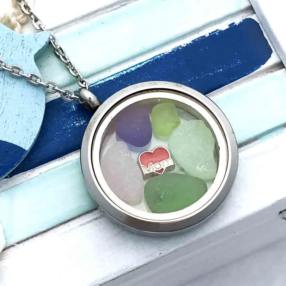 Greens, Aqua & Cobalt Blue "I Love Mom" Sea Glass Locket | #1682