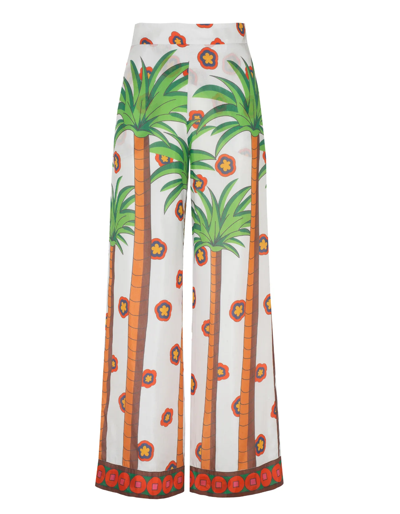 Lola White Palm Trees Print Silk Voile Trousers