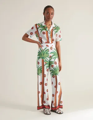 Lola White Palm Trees Print Silk Voile Trousers