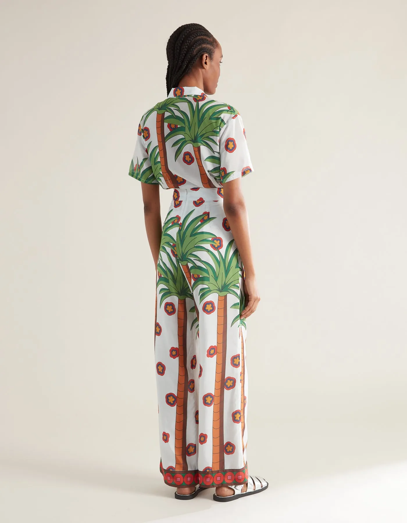 Lola White Palm Trees Print Silk Voile Trousers