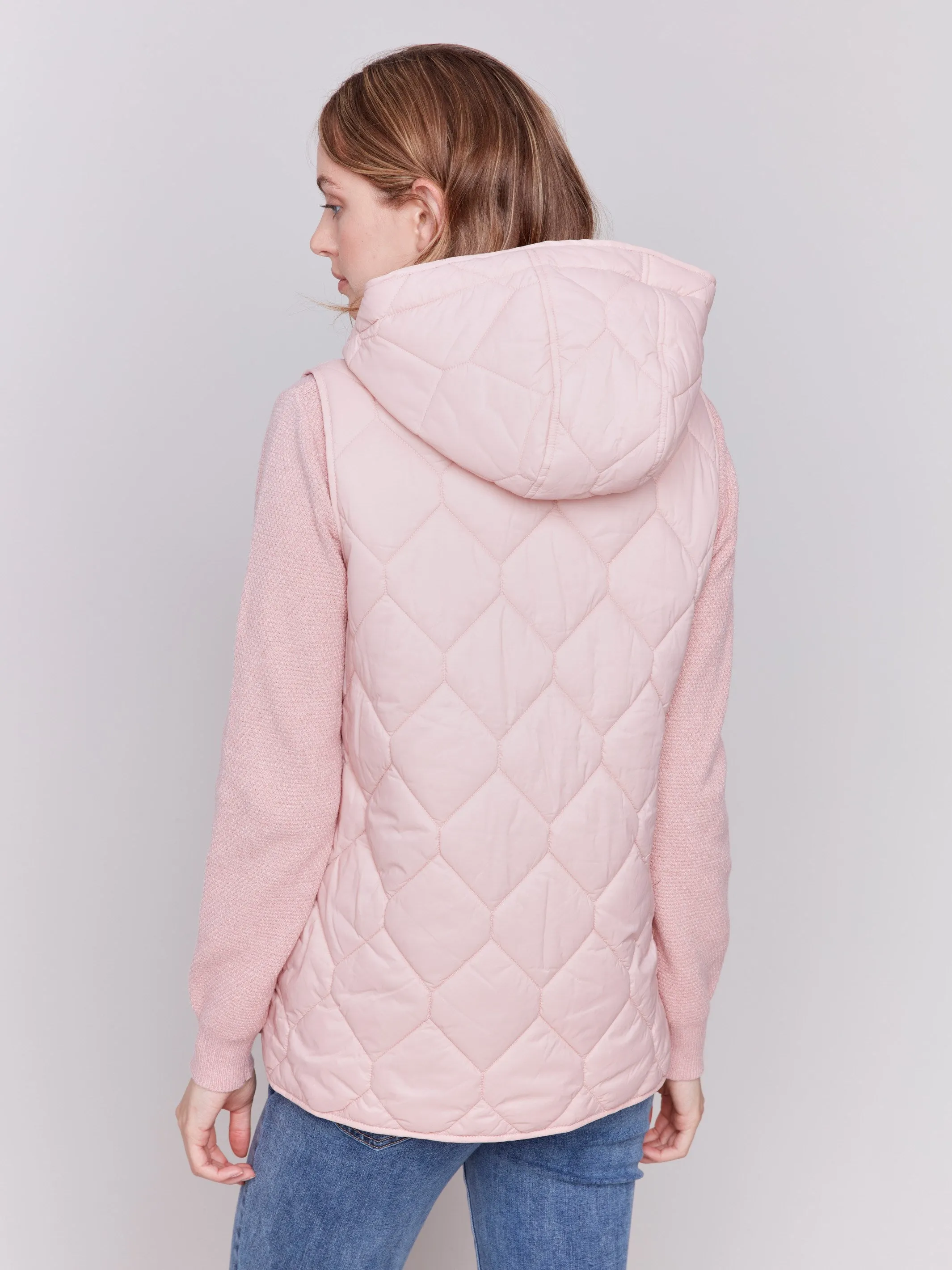 Short Quilted Puffer Vest with Hood - Quartz