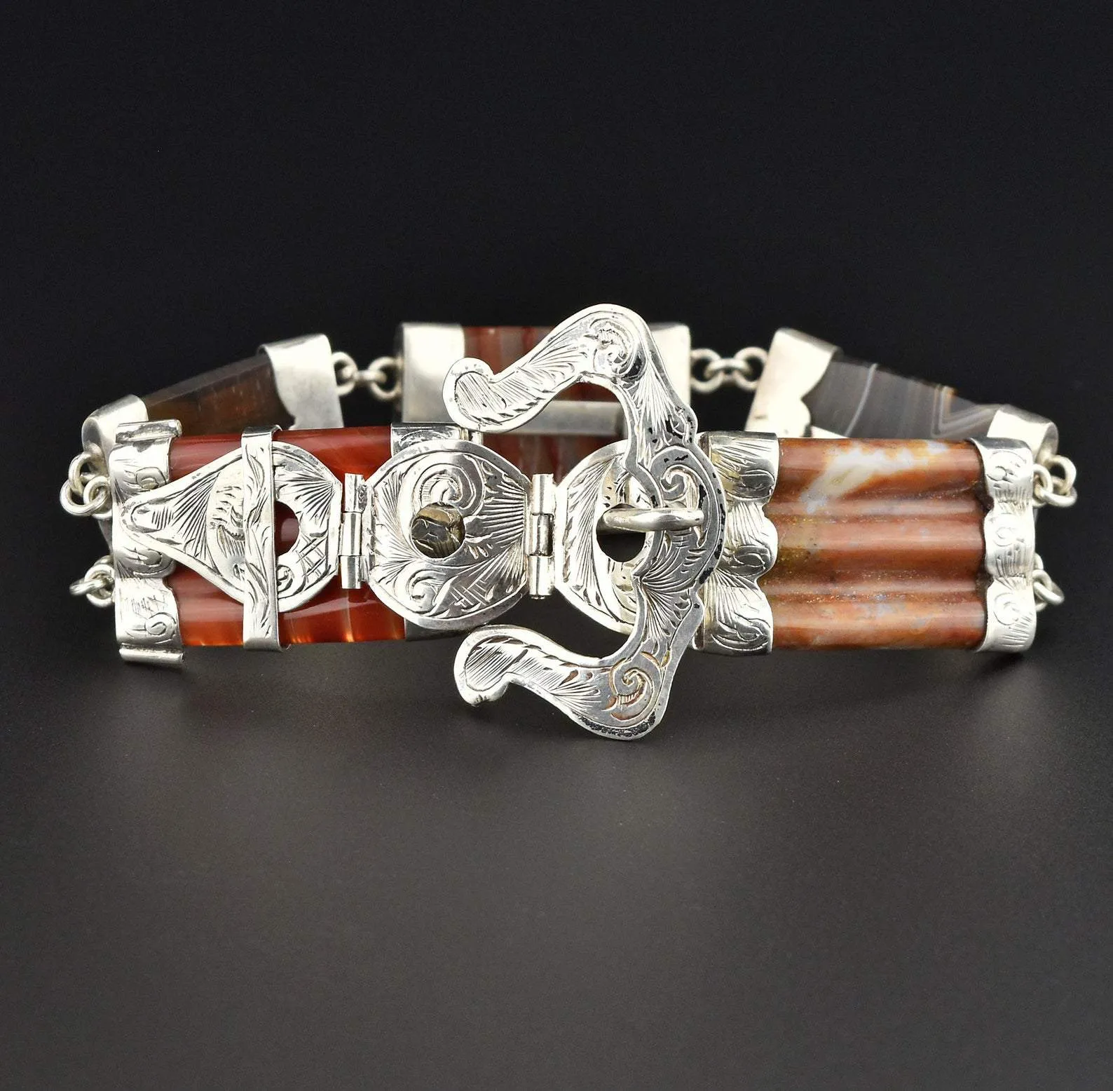 Victorian Sterling Silver Scottish Agate Buckle Bracelet