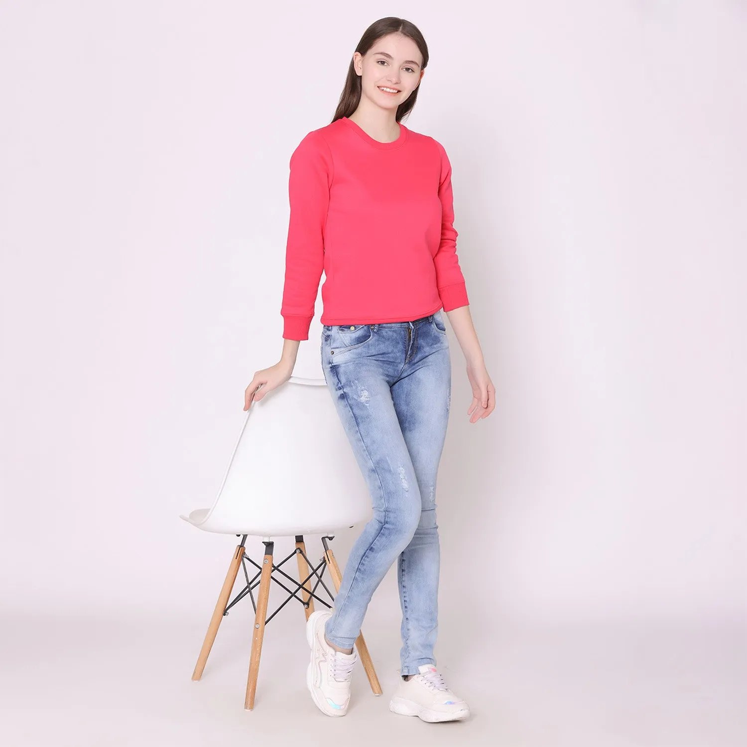 Women's Plain Round Neck Full Sleeve Sweatshirt - Bright Rose